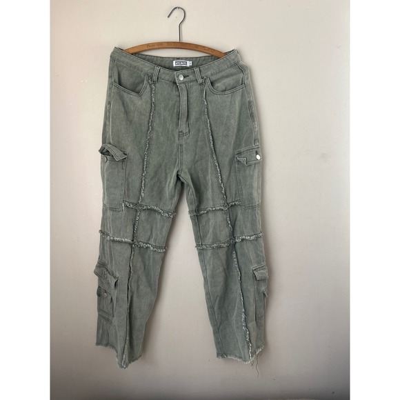 Porter Collective Olive Green Cargo Pants Frayed Trim Distressed Style Utility - Picture 1 of 6